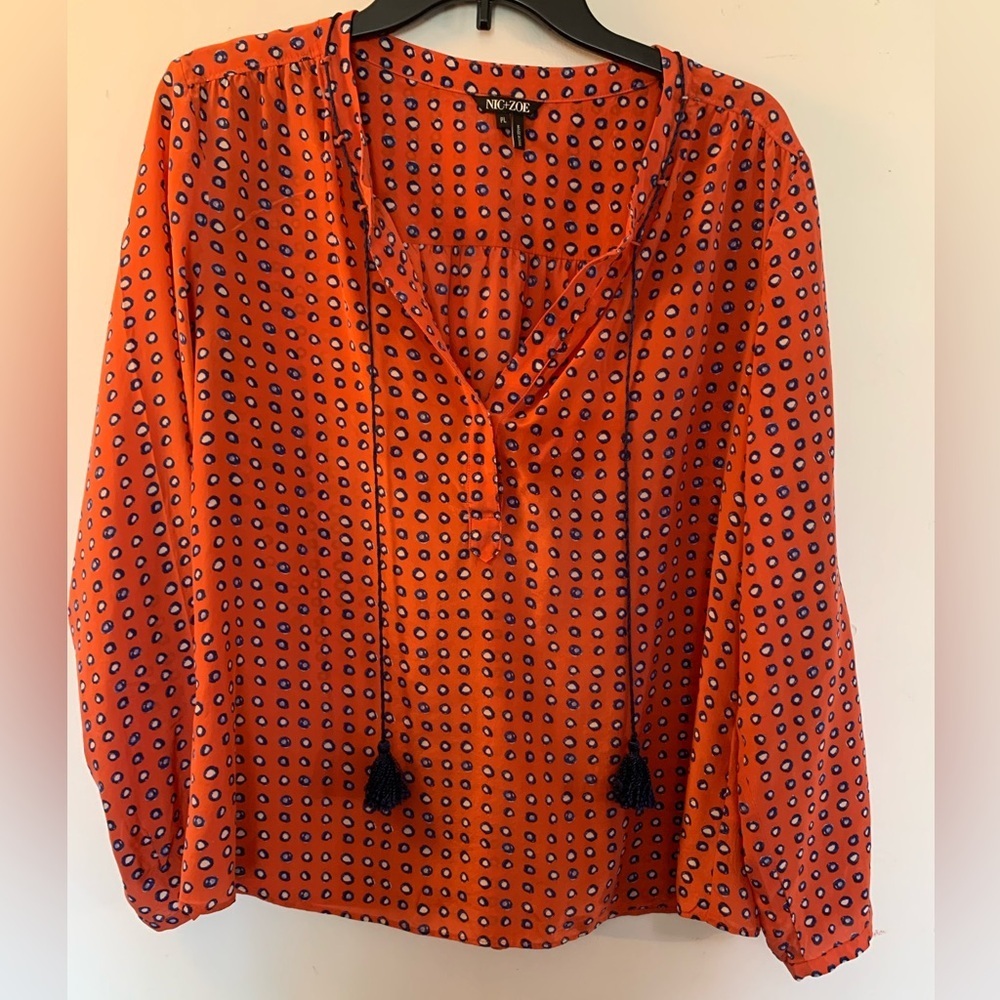 Nic + Zoe Crepe 100% Silk Vivid Dot Tassel Tie Loose Blouse Size Petite Large